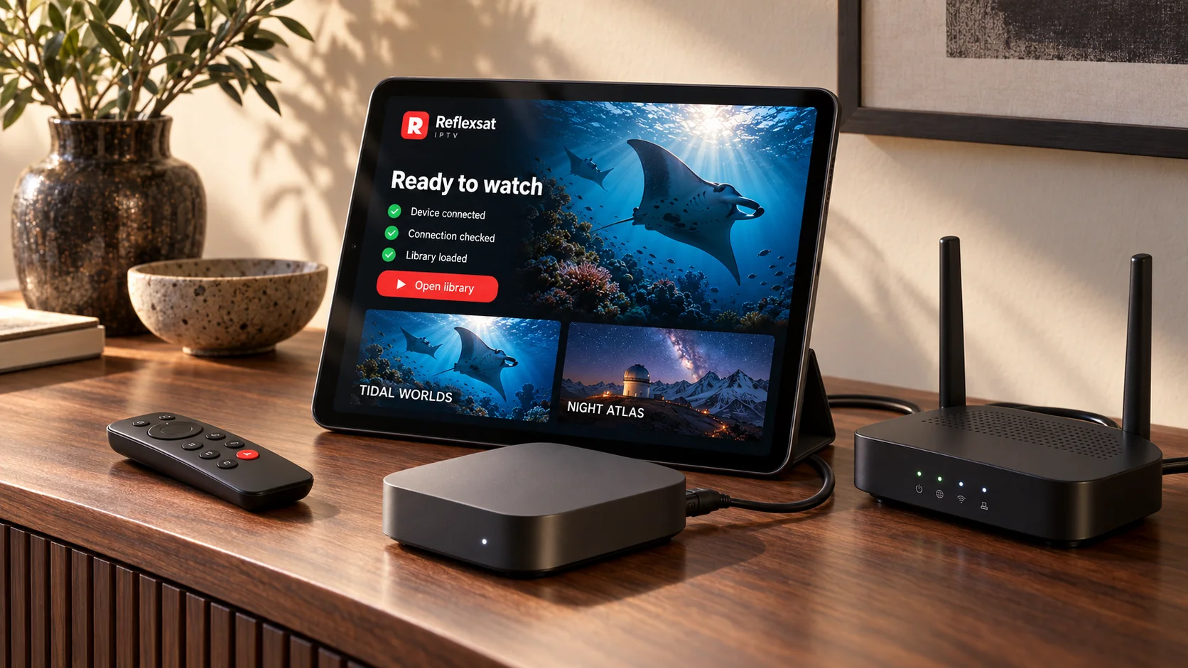 Streaming box, router and tablet showing the connection steps completed.
