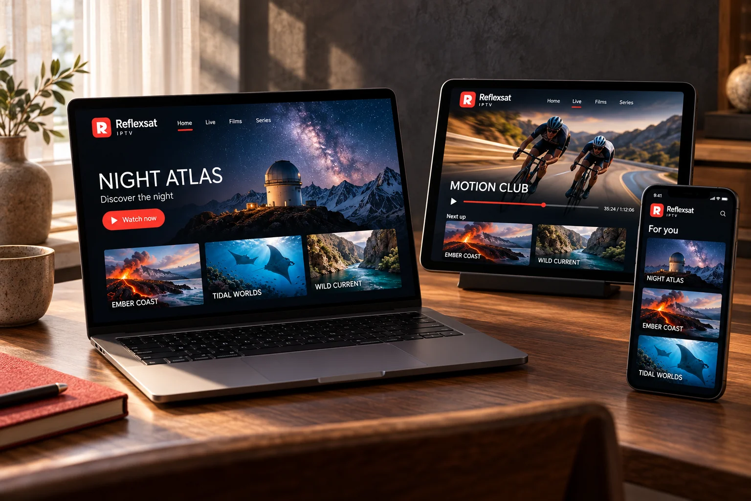 Laptop, tablet and phone side by side, each showing an original Reflexsat IPTV interface.