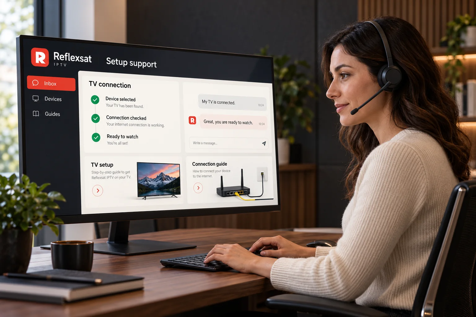 Support specialist at a desk beside a screen showing television setup steps.